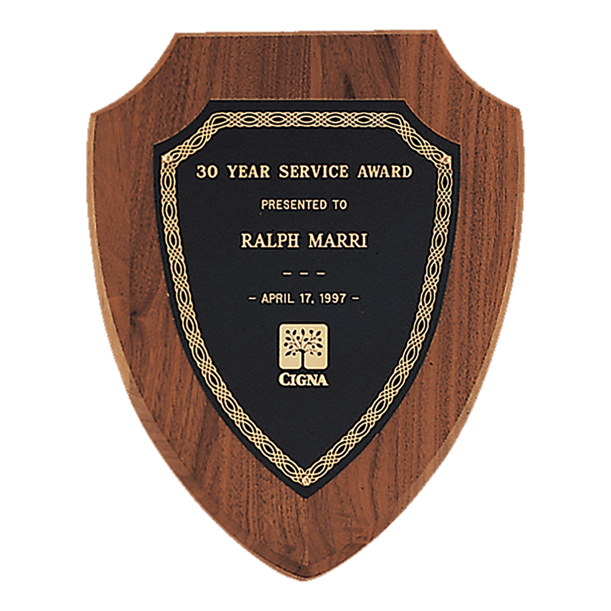 Personalized 10" x 12" Jewelers Black Laserable Gold Border Shield Plate on an American Walnut Shield Plaque- Sheffield Series