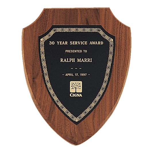 Personalized 10" x 12" Jewelers Black Laserable Gold Border Shield Plate on an American Walnut Shield Plaque- Sheffield Series