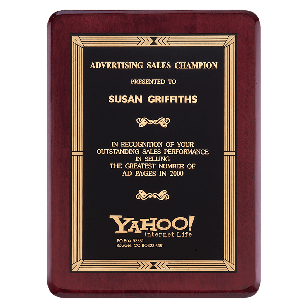 Personalized 9" x 12" Airflyte Premium Rosewood Piano Finish Plaque with Gold Border Black Laserable Brass Plate