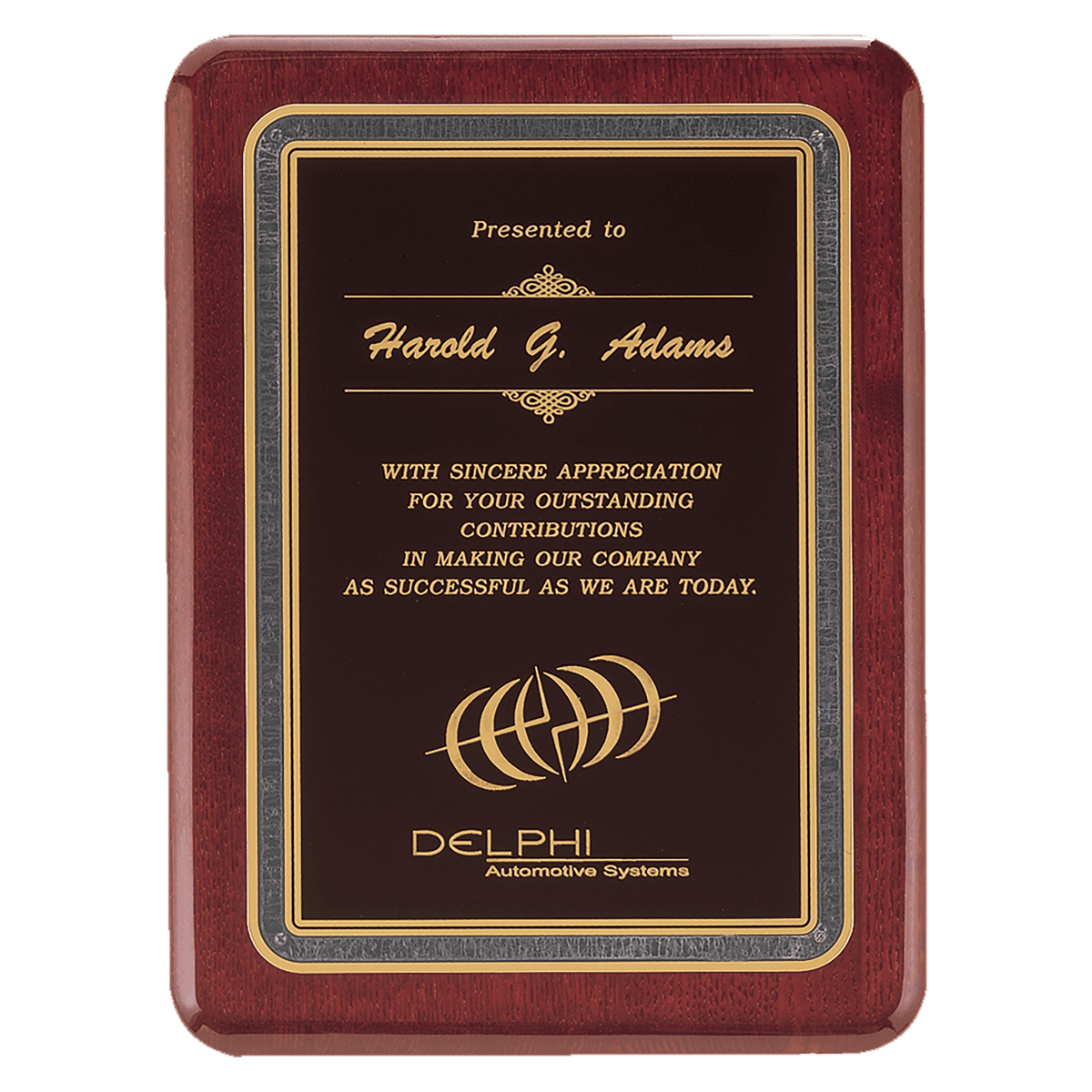 Personalized 9" x 12" Rosewood Piano Finish Plaque with Black/Gold Florentine Design LaserFX Plate