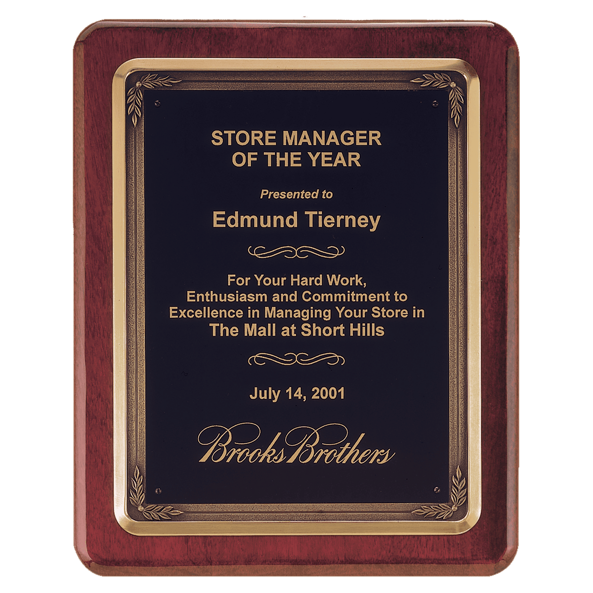 Personalized 10 1/2" x 13" Rosewood Piano Finish Plaque w/Bronze Finish Cast Frame and Black Brass Plate