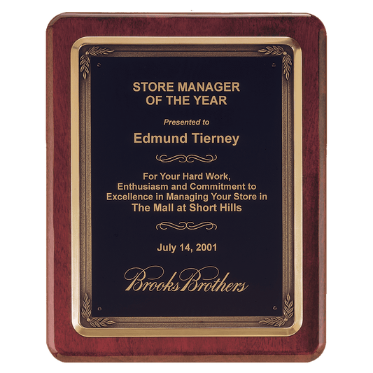 Personalized 10 1/2" x 13" Rosewood Piano Finish Plaque w/Bronze Finish Cast Frame and Black Brass Plate