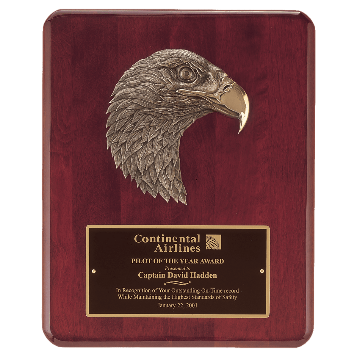Personalized 10 1/2" x 13" Rosewood Piano Finish Plaque with Finely Detailed Bronze Eagle Head Casting with Black Laserable Brass Plate