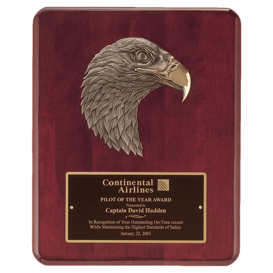 Personalized 10 1/2" x 13" Rosewood Piano Finish Plaque with Finely Detailed Bronze Eagle Head Casting with Black Laserable Brass Plate
