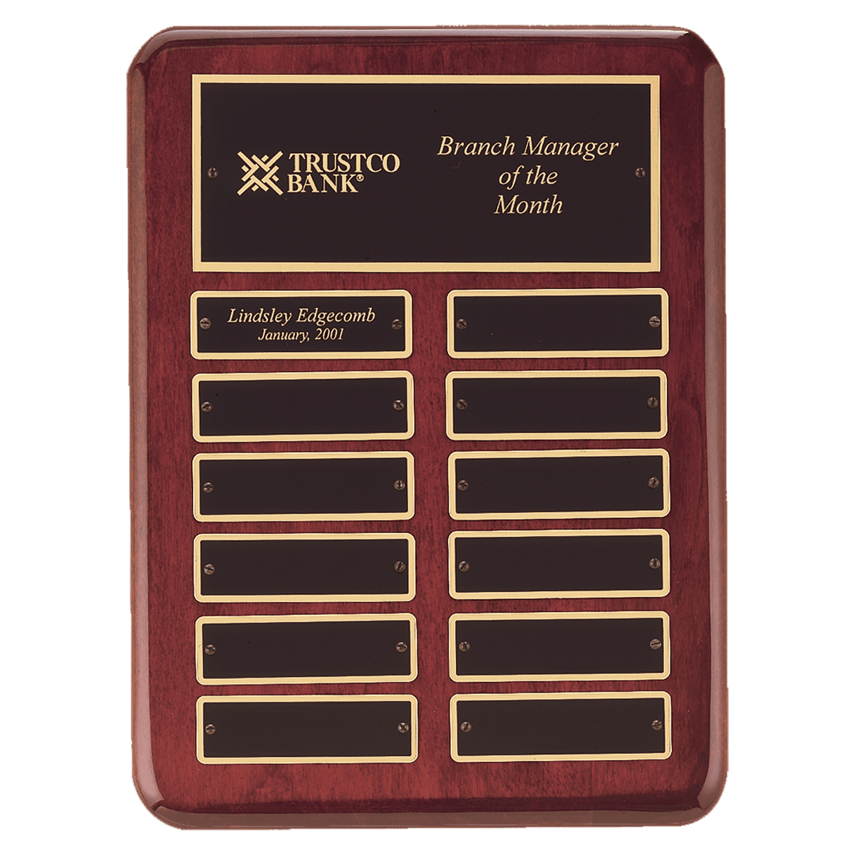 Personalized 9" x 12" Rosewood Piano Finish 12 Perpetual Plates Plaque with Laserable Black Brass Plates