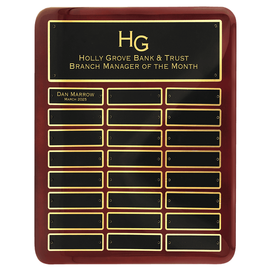 Personalized 12" x 15" Rosewood Piano Finish 24 Plate Perpetual Plaque with Laserable Black Brass Plates