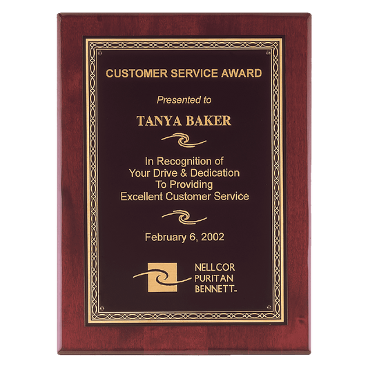 Personalized 11" x 14" Airflyte Premium Rosewood Piano Finish Plaque with Gold Florentine Laserable Black Brass Plate