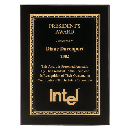 Personalized 11" x 14" Airflyte Premium Black Piano Finish Plaque with Gold Florentine Border Laserable Black Brass Plate