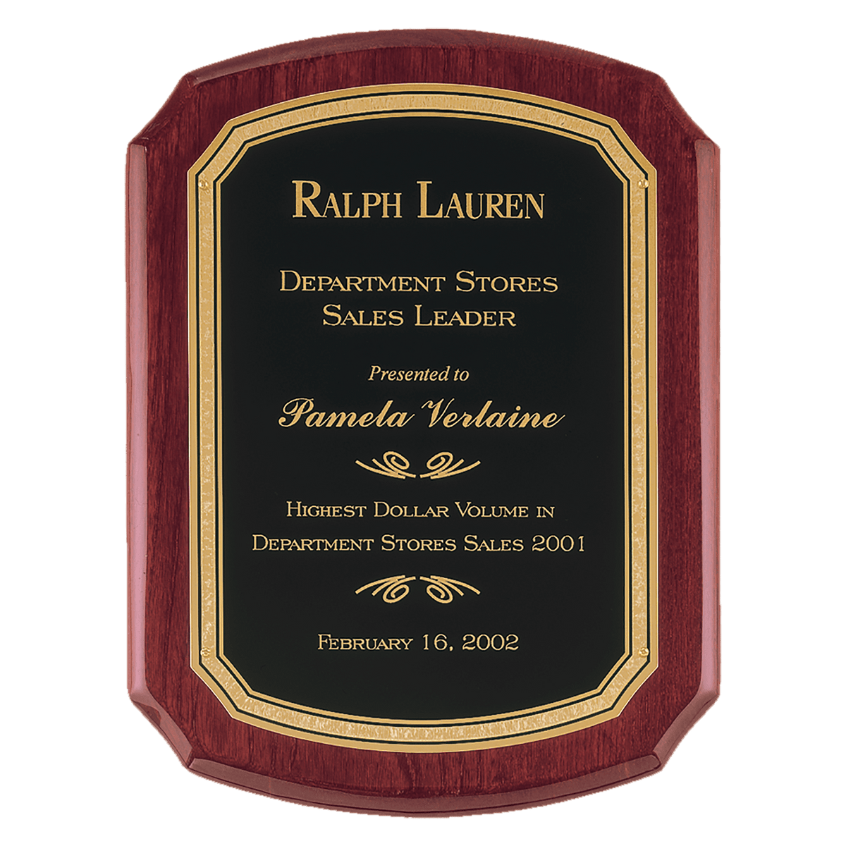 Personalized 11" x 15" Airflyte Rosewood Piano Finish Plaque with Black/Gold Florentine Border LaserFX plate