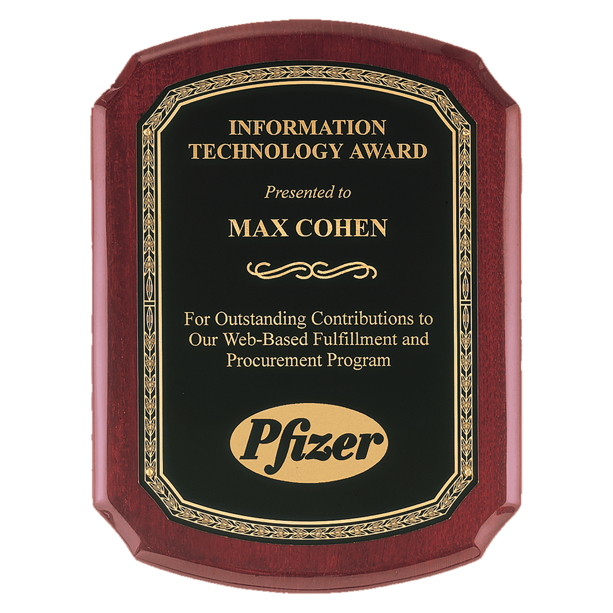Personalized 8" x 10" Airflyte Rosewood Piano Finish Plaque with Back Florentine Gold Border LaserFX Plate