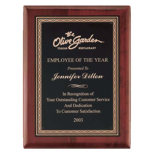 Personalized 10 1/2" x 13" Airflyte Premium Rosewood Piano Finish Plaque with Gold Border Black Laserable Brass Plate