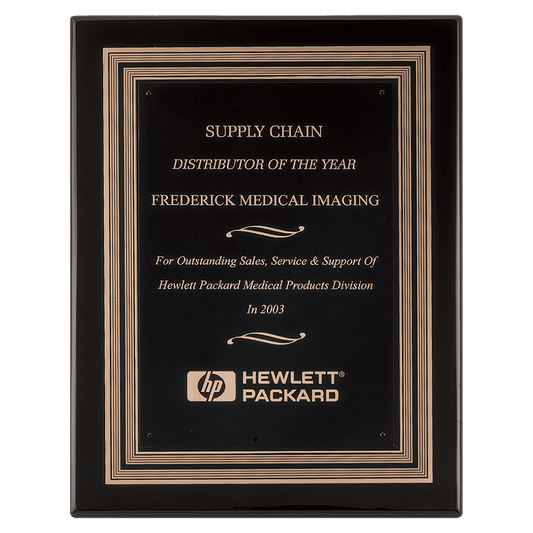 Personalized 11" x 14" Black Piano Finish Plaque w/Black/Gold Embossed Back Plate & Black Brass Plate