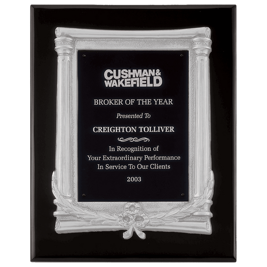 Personalized 10 1/2" x 13" Black Piano Finish Plaque, Matte Silver Frame Casting & Black Aluminum Plate