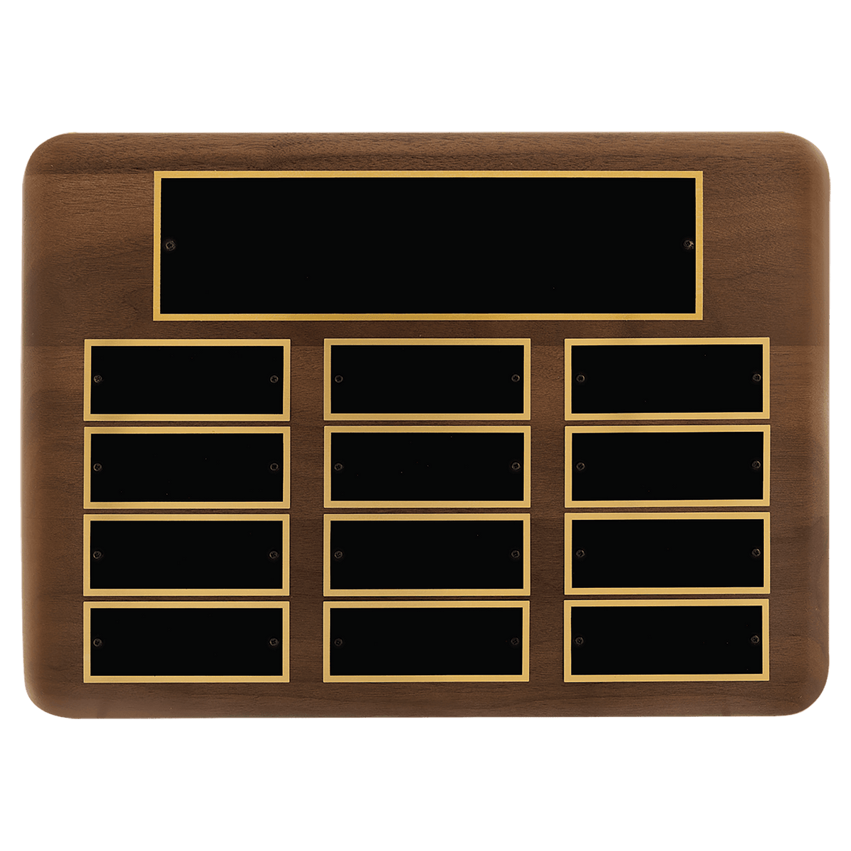 Personalized 11" x 15"/Plates 1 1/2" x 3 3/4" American Walnut 12 Plate Perpetual Plaque with Black Brass Plates