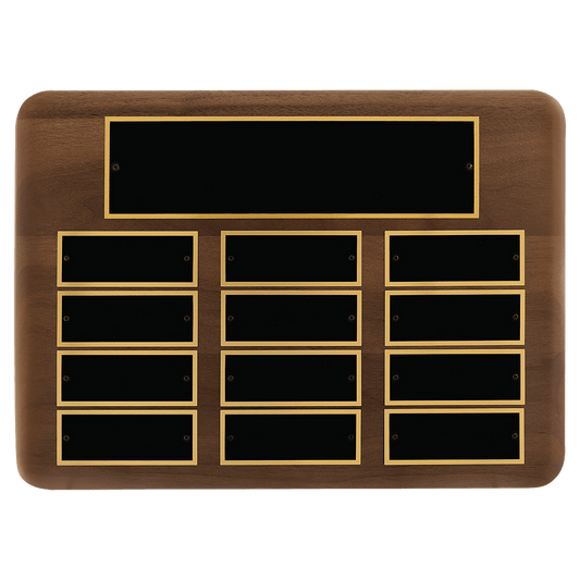 Personalized 11" x 15"/Plates 1 1/2" x 3 3/4" American Walnut 12 Plate Perpetual Plaque with Black Brass Plates