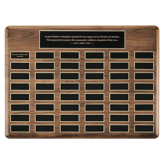 Personalized 20" x 30"/Plates 1 1/2" x 3 3/4" American Walnut 48 Plate Perpetual Plaque with Black Brass Plates