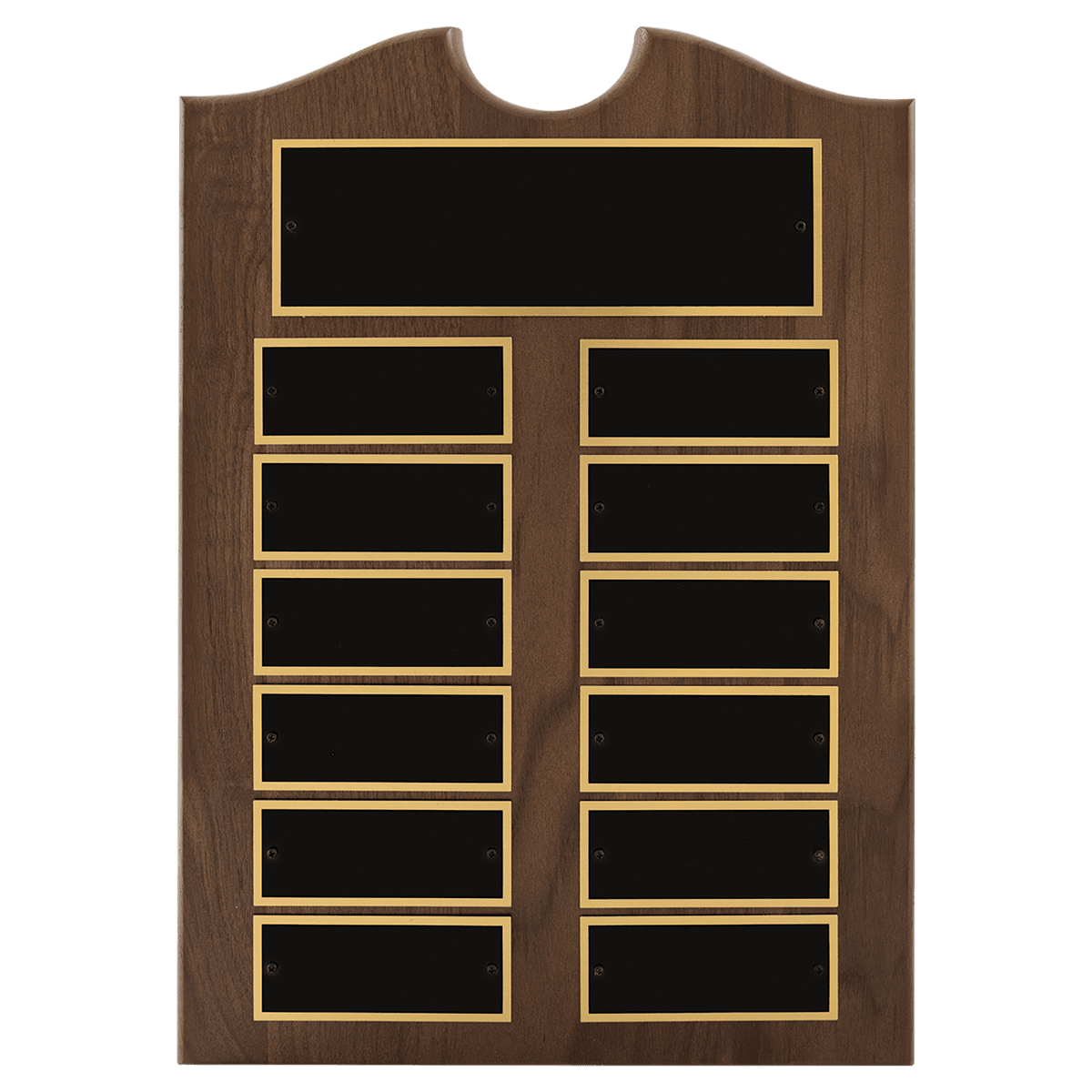 Personalized 11" x 15"/Plates 1 1/2" x 3 3/4" American Walnut 12 Plate Perpetual Plaque with Black Brass Plates