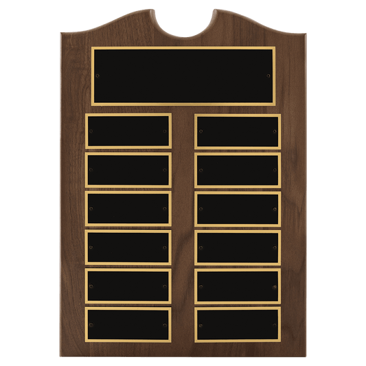 Personalized 11" x 15"/Plates 1 1/2" x 3 3/4" American Walnut 12 Plate Perpetual Plaque with Black Brass Plates