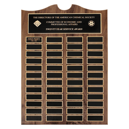 Personalized 14" x 25"/Plates 1 1/2" x 3 3/4" American Walnut 36 Plate Perpetual Plaque with Black Brass Plates