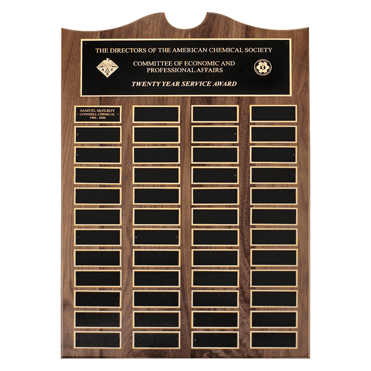 Personalized 20" x 30"/Plates 1 1/2" x 3 3/4" American Walnut 48 Plate Perpetual Plaque with Black Brass Plates