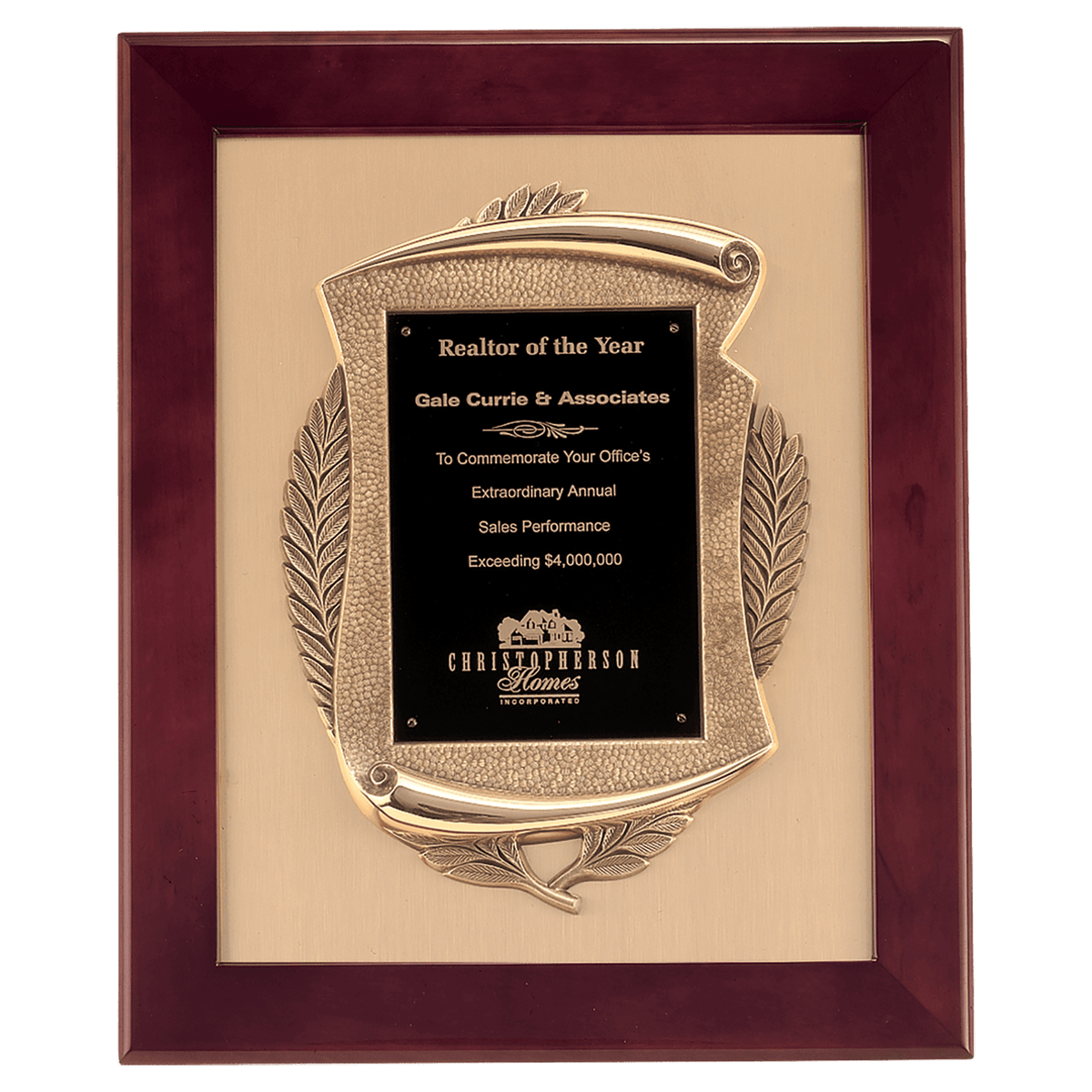 Personalized 14" x 17" Rosewood Piano Finish Frame with Antique Bronze Casting          with Black LaserFX Plate on Brushed Gold Metal Background