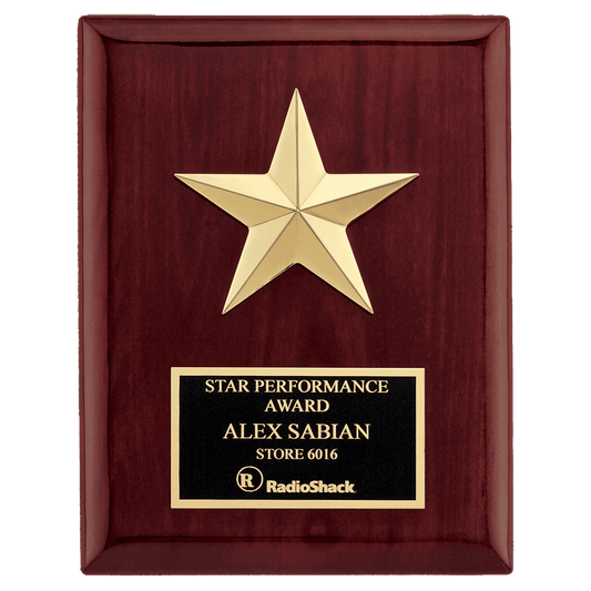 Personalized 6" x 8" Star Casting with Gabled Points and Goldtone Finish on a Rosewood Piano Finish Plaque with a Black Laserable Plate