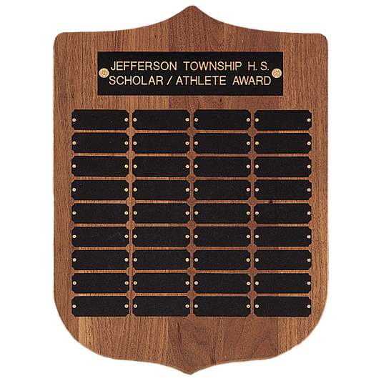 Personalized 12" x 16"/Plates 7/8" x  2 1/2" American Walnut 36 Plate Perpetual Plaque with Black Brass Plates
