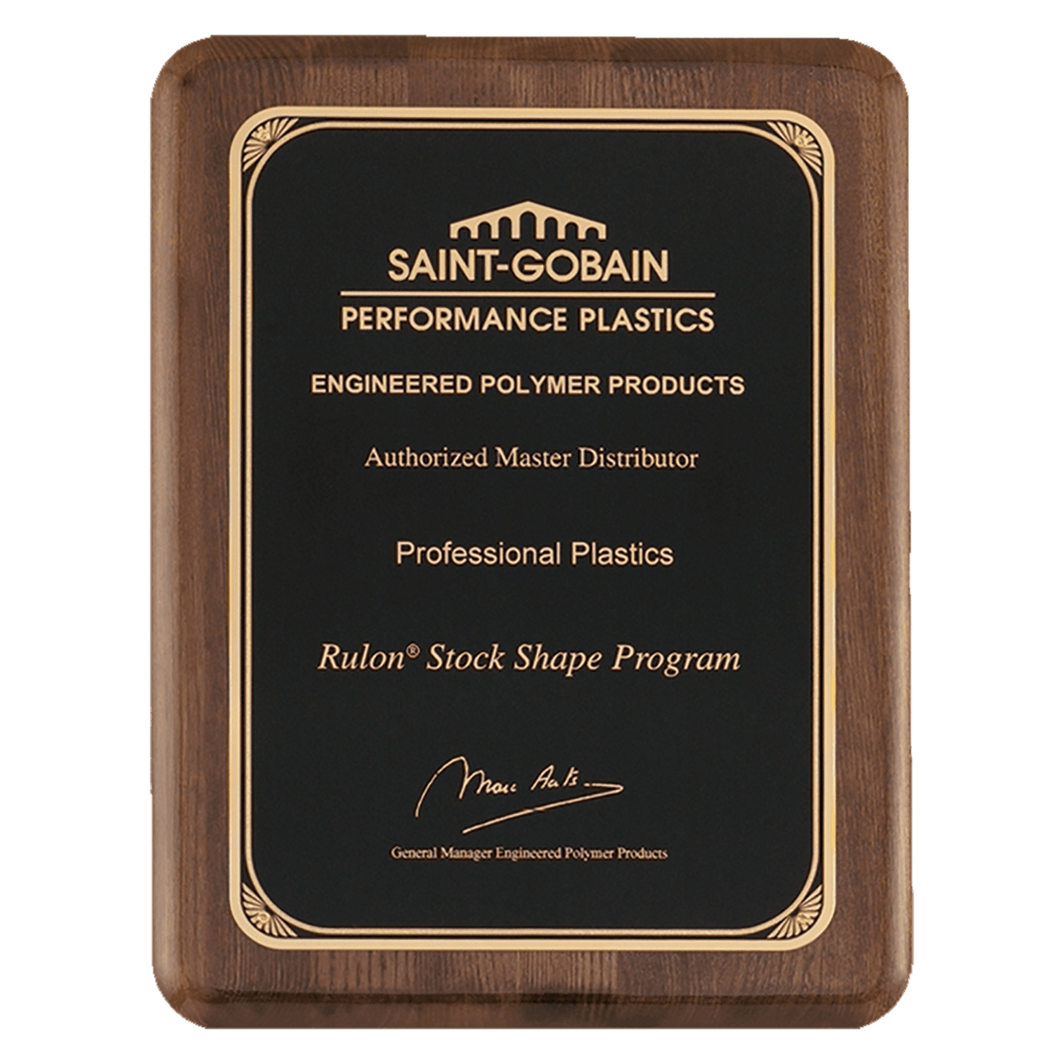 Personalized 8" x 10 1/2" Airflyte Premium Walnut Piano Finish Plaque with Gold Florentine Border LaserFX Plate