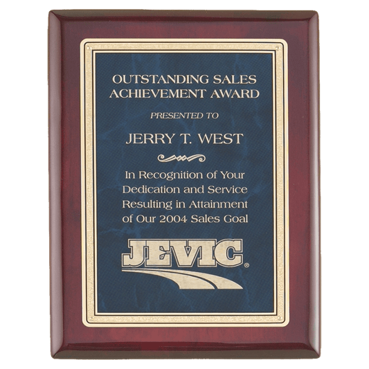 Personalized 10 1/2" x 13" Rosewood Piano Finish Plaque with a Sapphire Marble/Gold Florentine Design LaserFX Plate