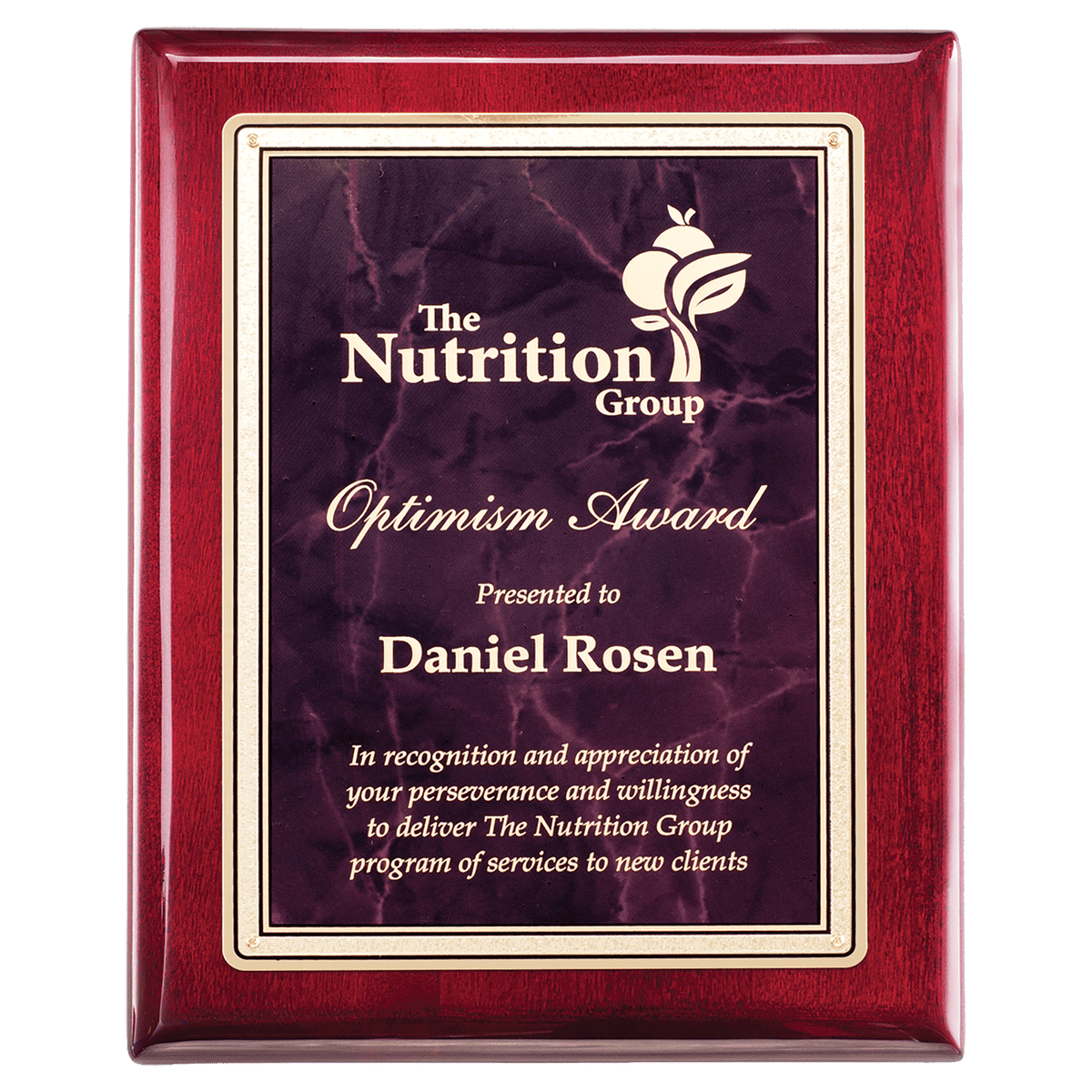 Personalized 7" x 9" Rosewood Piano Finish Plaque with Ruby Marble/Gold Florentine Design LaserFX Plate