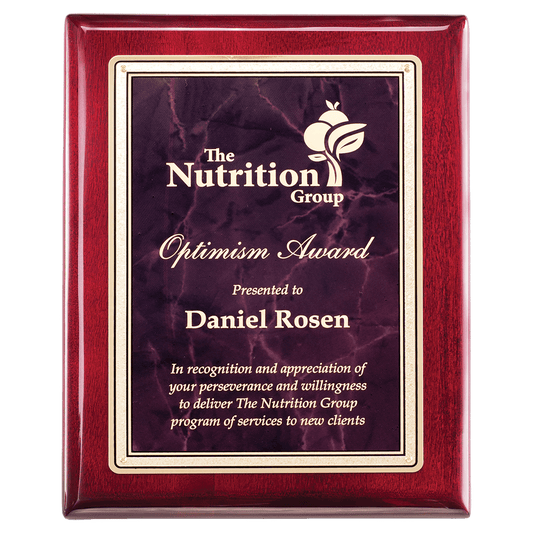 Personalized 10 1/2" x 13" Rosewood Piano Finish Plaque with Ruby Marble/Gold Florentine Design LaserFX Plate