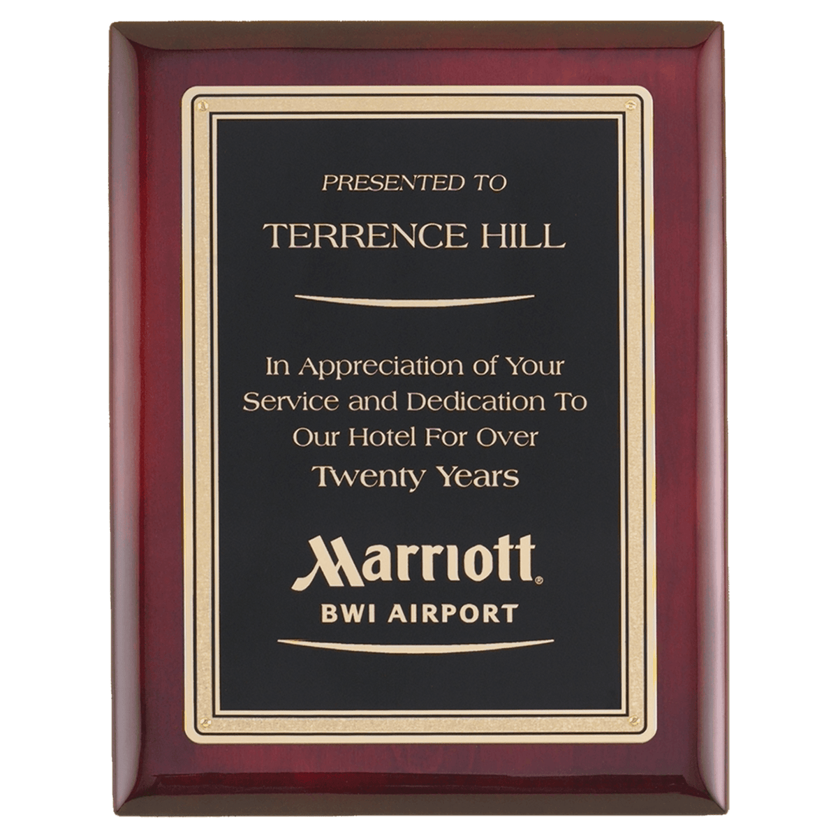 Personalized 7" x 9" Airflyte Premium Rosewood Piano Finish Plaque with Gold Border Black LaserFX Plate