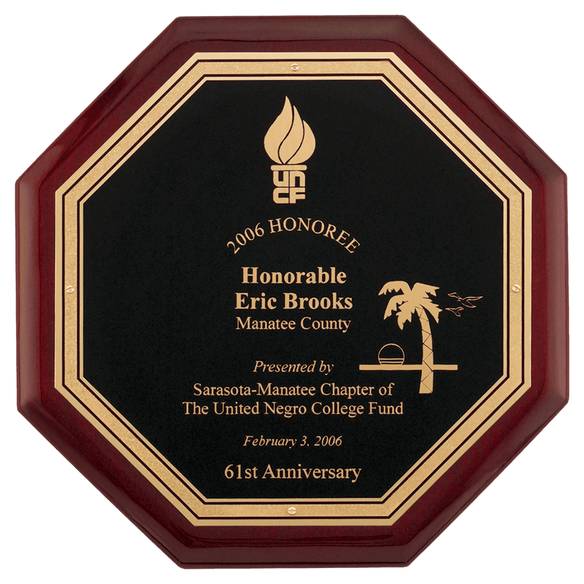 Personalized 10" x 10" Octagonal Rosewood Piano Finish Plaque with Black Florentine LaserFX Plate