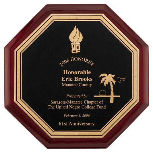 Personalized 10" x 10" Octagonal Rosewood Piano Finish Plaque with Black Florentine LaserFX Plate