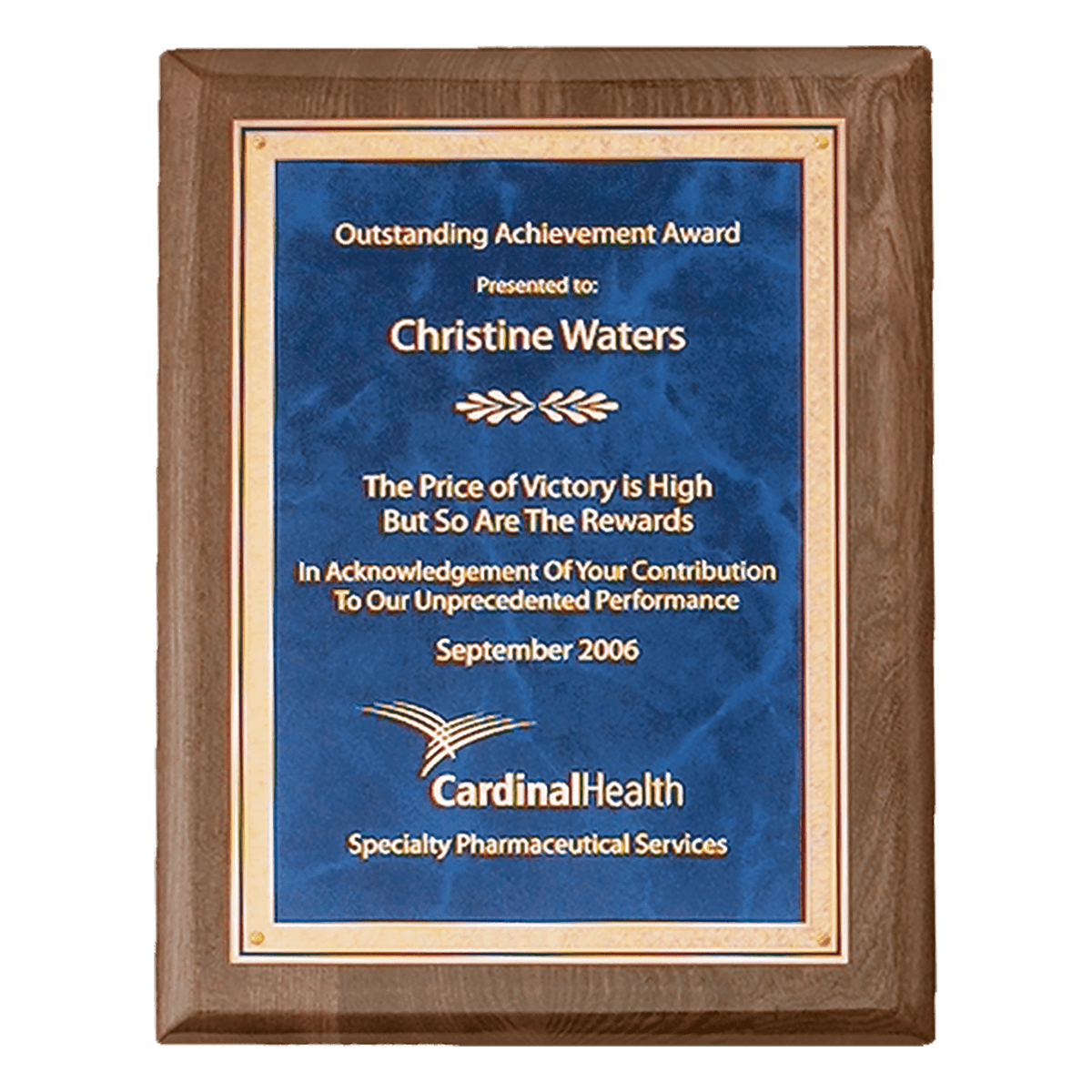 Personalized 7" x 9" Airflyte Premium Walnut Piano Finish Plaque with Gold Florentine Border Sapphire Marble LaserFX Plate