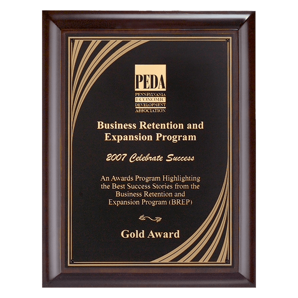 Personalized 9" x 12" Hand Rubbed Cherry Finish Plaque with Cascading Gold Swirl Design Laserable Black Brass Plate