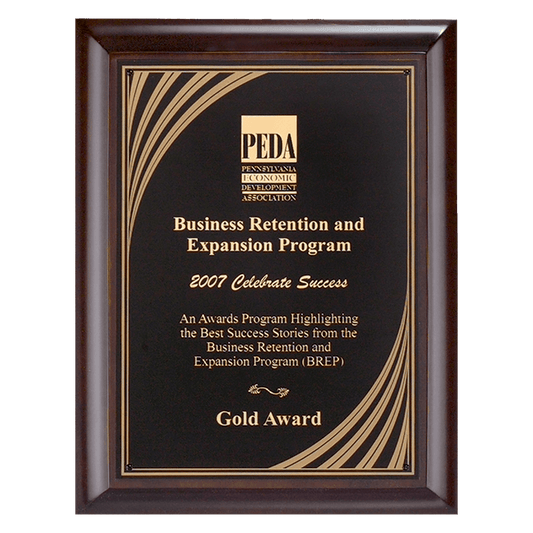 Personalized 11" x 14" Hand Rubbed Cherry Finish Plaque with Cascading Gold Swirl Design Laserable Black Brass Plate