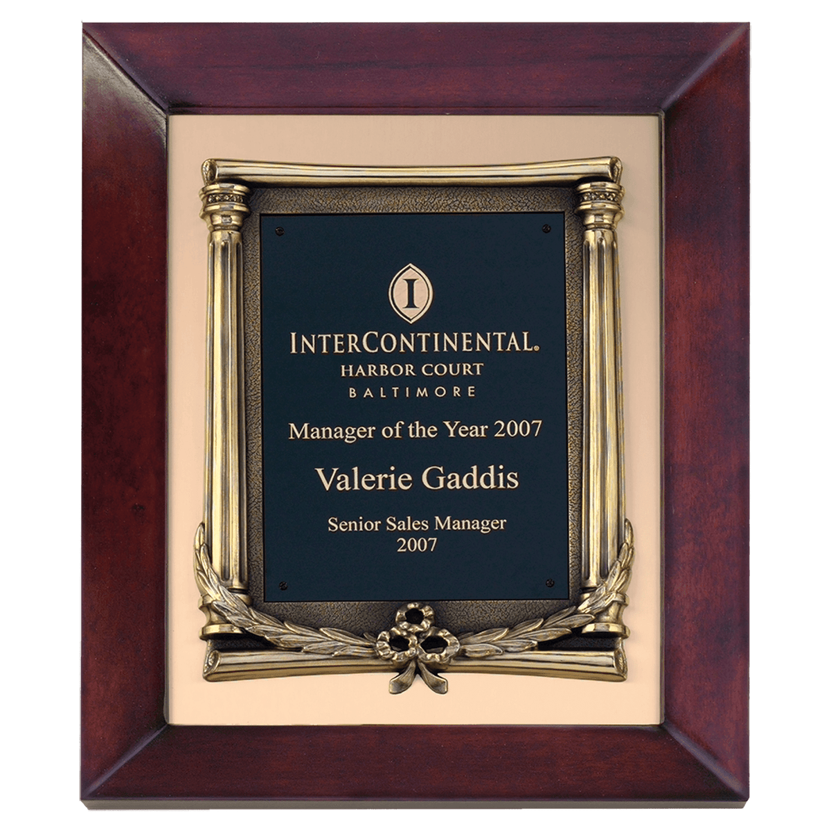 Personalized 12" x 15" Airflyte Cherry Finish Frame with Antique Bronze Finished Metal Frame on a Brushed Gold Metal Background with a Laserable Black Brass Plate