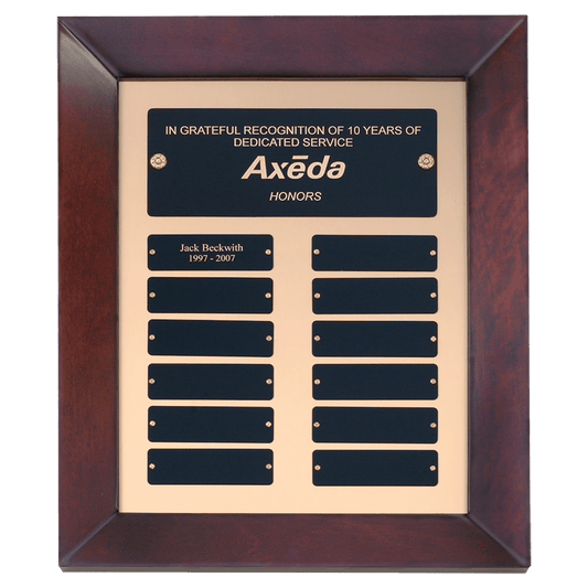 Personalized 12" x 15" Airflyte Cherry Finish Frame Perpetual Plaque with Gold Metal Background and 12 Laserable Black Brass Plates