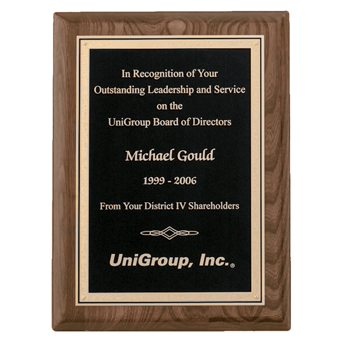 Personalized 8" x 10" Airflyte Walnut Piano Finish Plaque with Textured Black/Gold Florentine Border LaserFX Plate