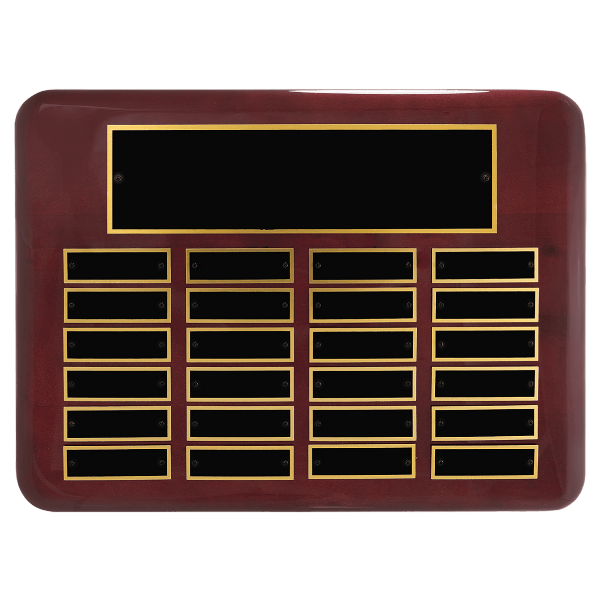 Personalized 11" x 15"/Plates 7/8" x 2 3/4" Rosewood Piano Finish 24 Plate Perpetual Plaque with Black Brass Plates