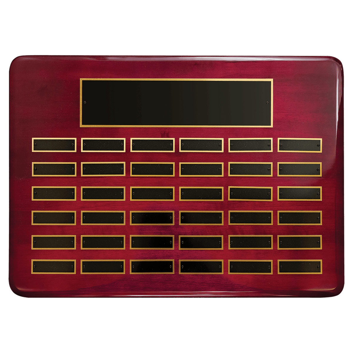 Personalized 15" x 21"/Plates 7/8" x 2 3/4" Rosewood Piano Finish 36 Plate Perpetual Plaque with Black Brass Plates