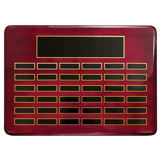 Personalized 15" x 21"/Plates 7/8" x 2 3/4" Rosewood Piano Finish 36 Plate Perpetual Plaque with Black Brass Plates