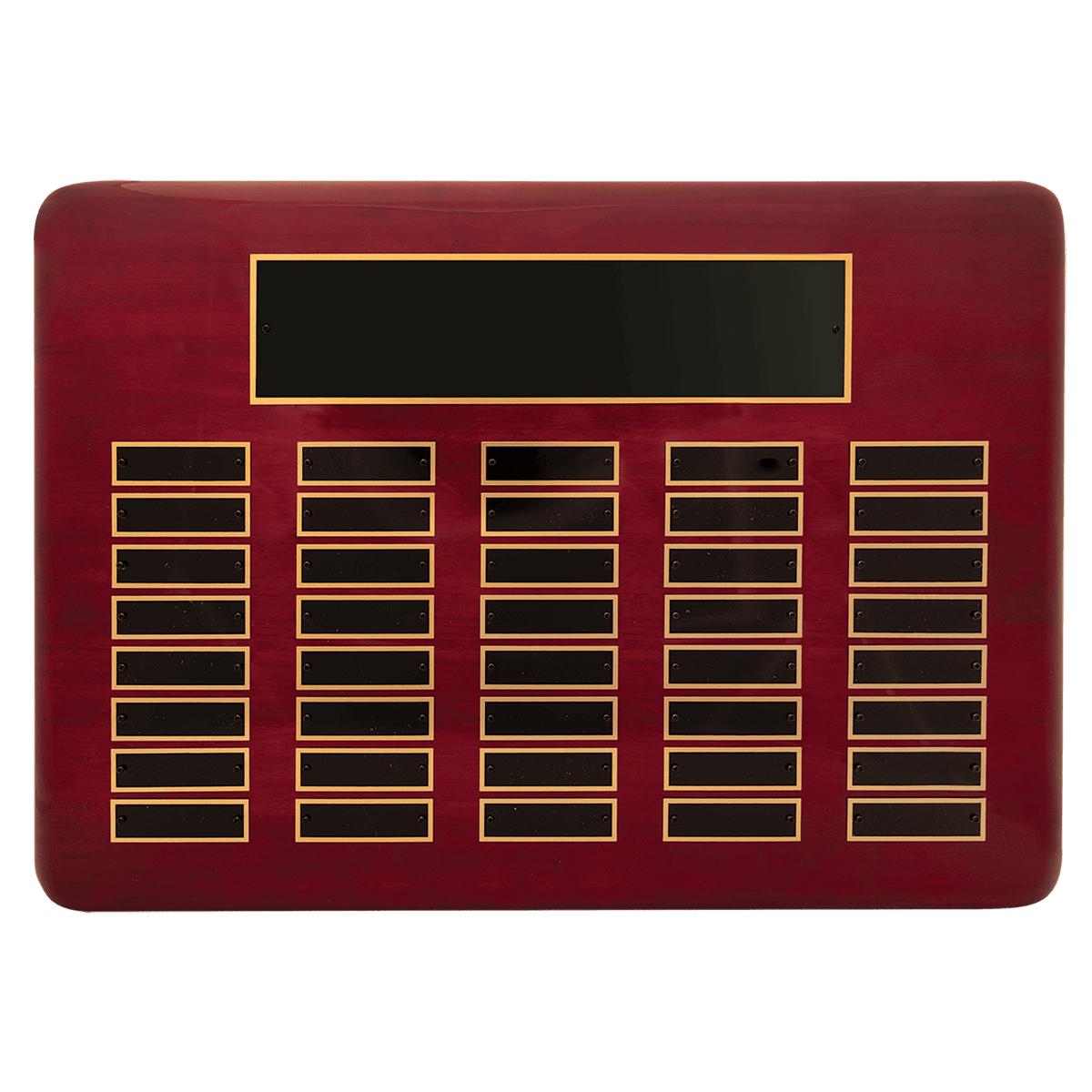 Personalized 11" x 21"/Plates 7/8" x 2 3/4" Rosewood Piano Finish 40 Plate Perpetual Plaque with Black Brass Plates