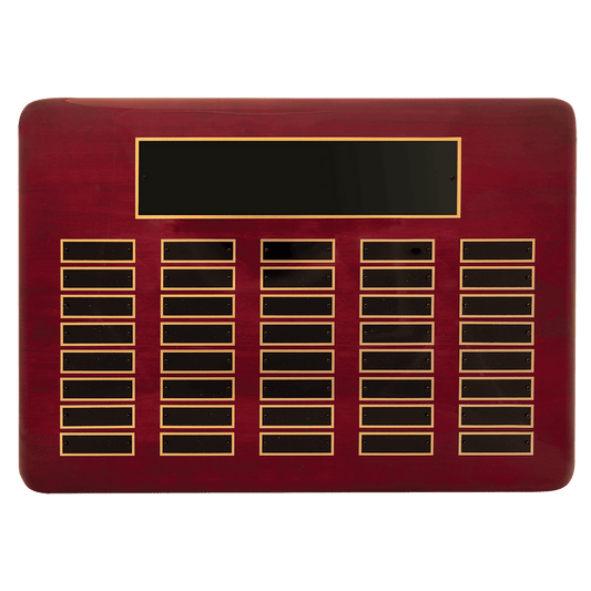 Personalized 11" x 21"/Plates 7/8" x 2 3/4" Rosewood Piano Finish 40 Plate Perpetual Plaque with Black Brass Plates