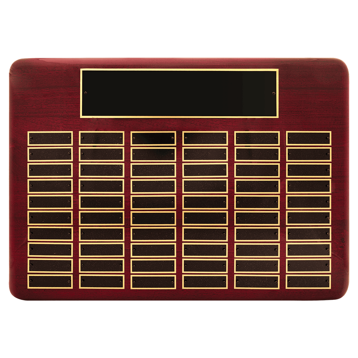 Personalized 15" x 21"/Plates 7/8" x 2 3/4" Rosewood Piano Finish 60 Plate Perpetual Plaque with Black Brass Plates