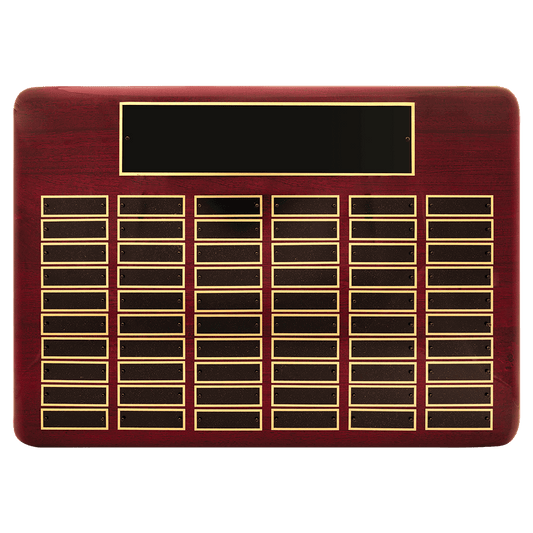 Personalized 15" x 21"/Plates 7/8" x 2 3/4" Rosewood Piano Finish 60 Plate Perpetual Plaque with Black Brass Plates