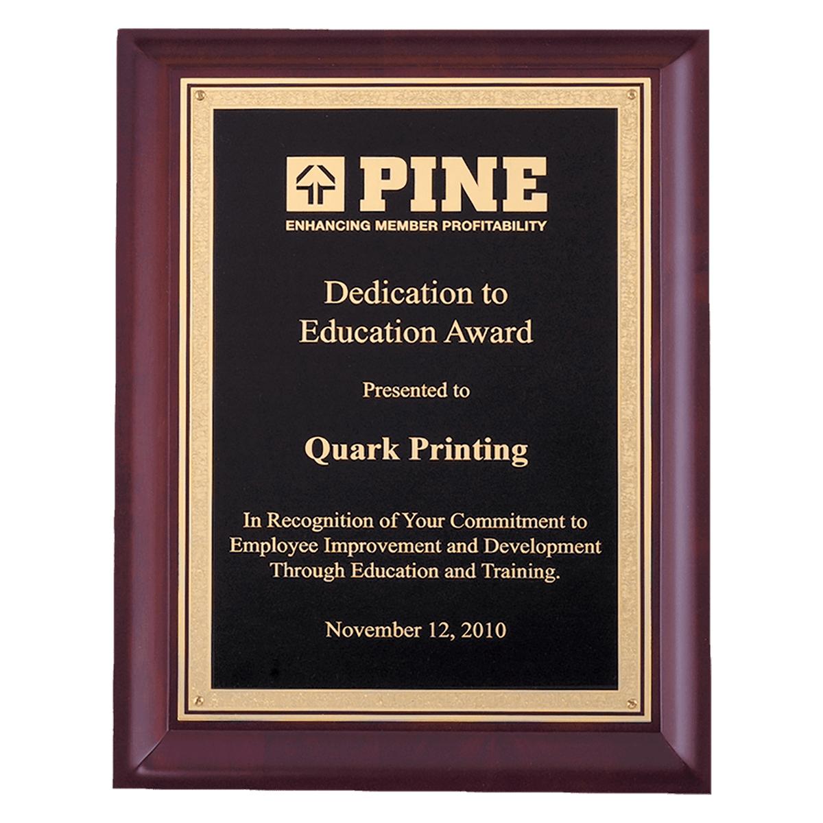 Personalized Hand Rubbed Cherry Finish Plaque with Gold Florentine Border Black LaserFX Plate