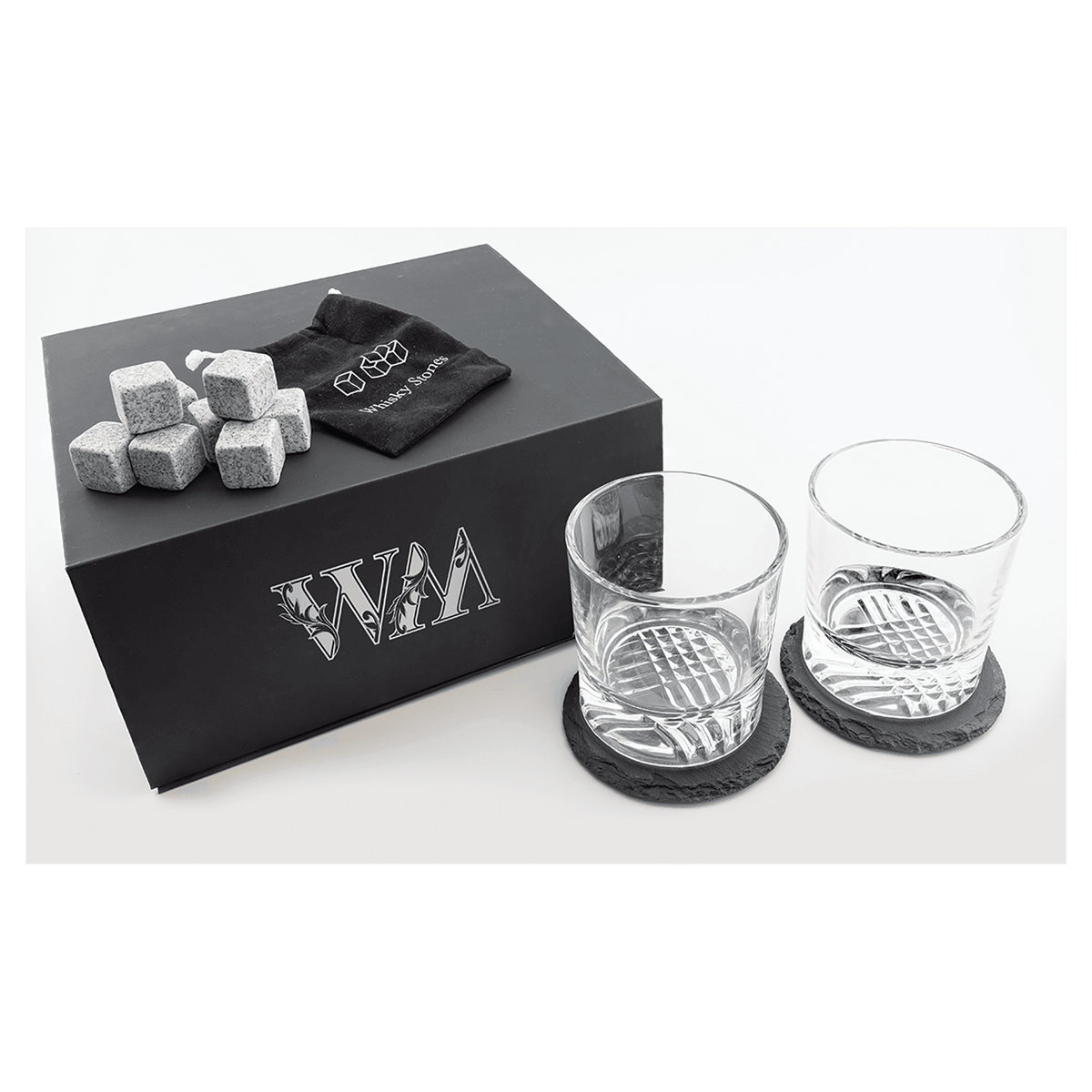 Personalized Lazerburst Whiskey Set With Two 9 Oz. Glasses, Two 4" Slate Coasters, And Eight Granite Whiskey Stones With Black Velvet Bag - WS125
