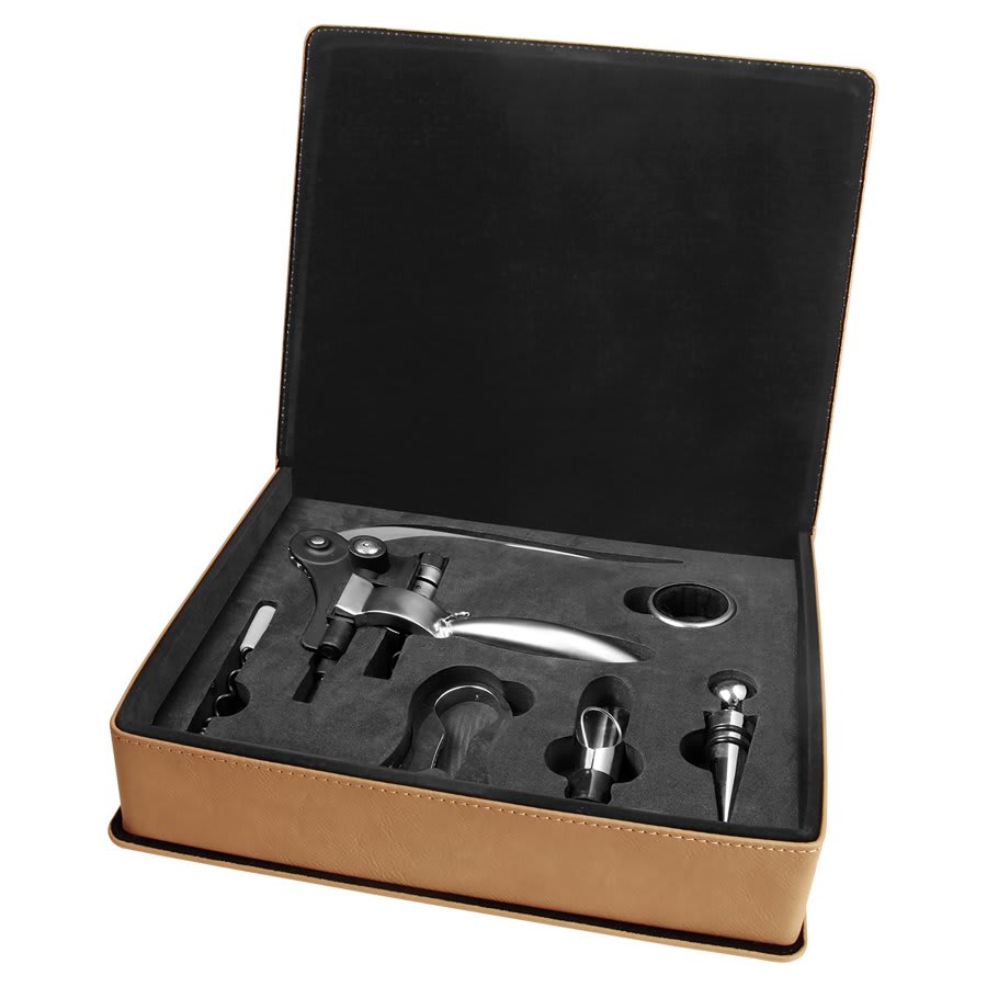 Personalized Light Brown Laserable Leatherette 5-Piece Wine Tool Gift Set - WTL71